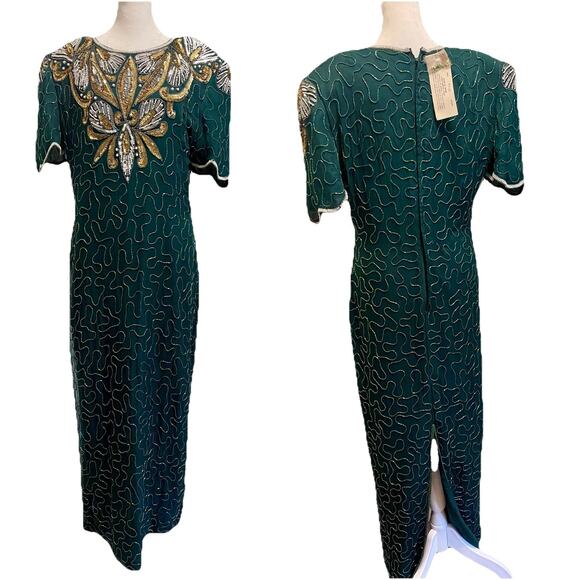 Denise Elle Vintage 80s Emerald Green 100% Silk Beaded Prom Flapper Gown XXL NWT - Picture 1 of 10